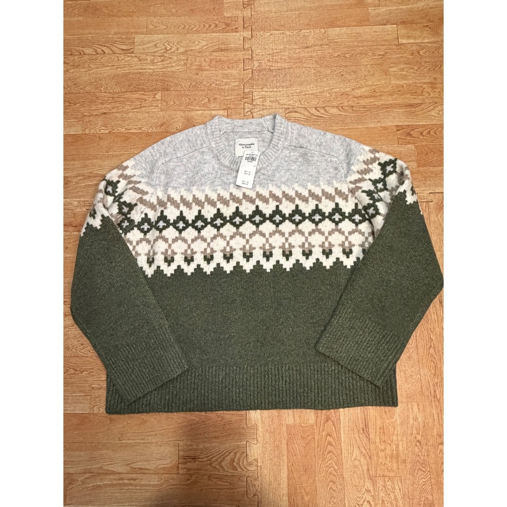Abercrombie & Fitch Womens Fair Isle Crew Neck Sweater Green Grey Medium NEW